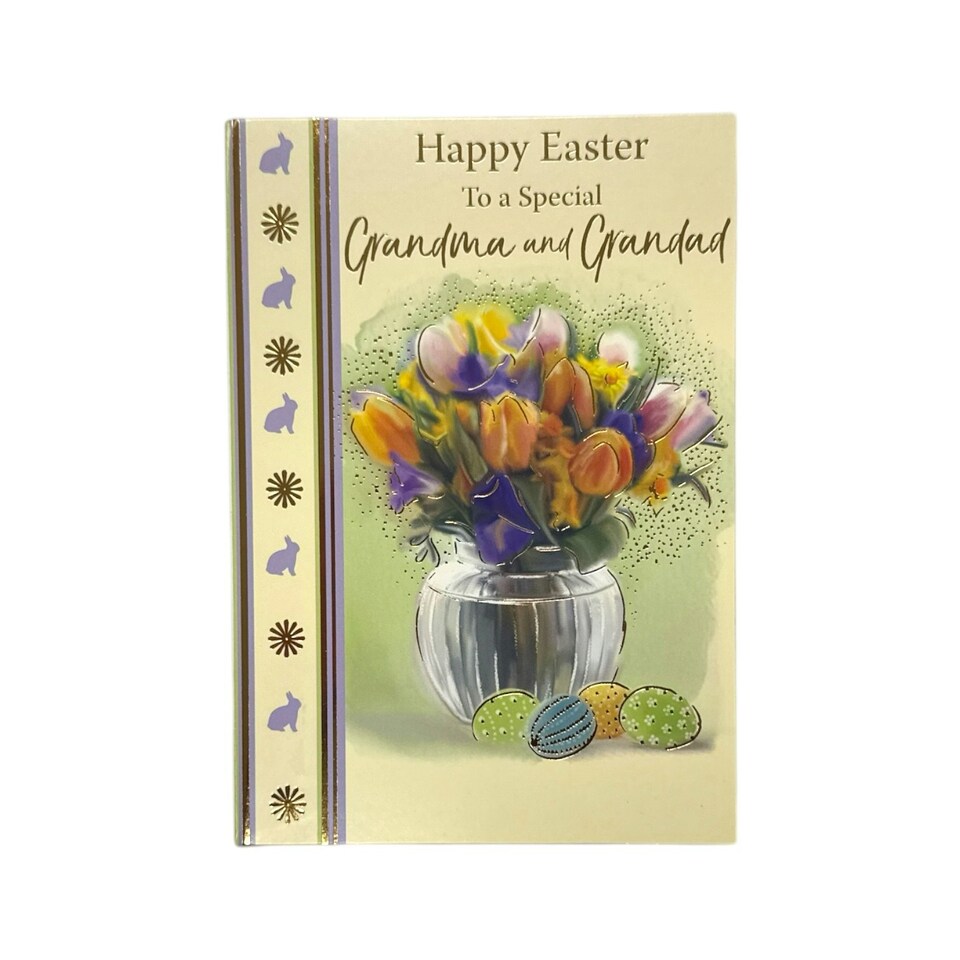 image 1 of For Grandma And Grandad Flower Pot And Colourful Eggs Design Easter Card