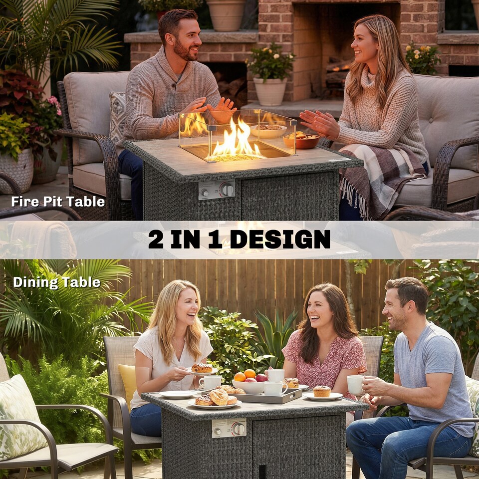 image 1 of Outsunny Rattan Gas Fire Pit Table with Rain Cover, Wind Guard, 14.5 KW | Grey | Dark Grey | 71 x 71 x 62 cm