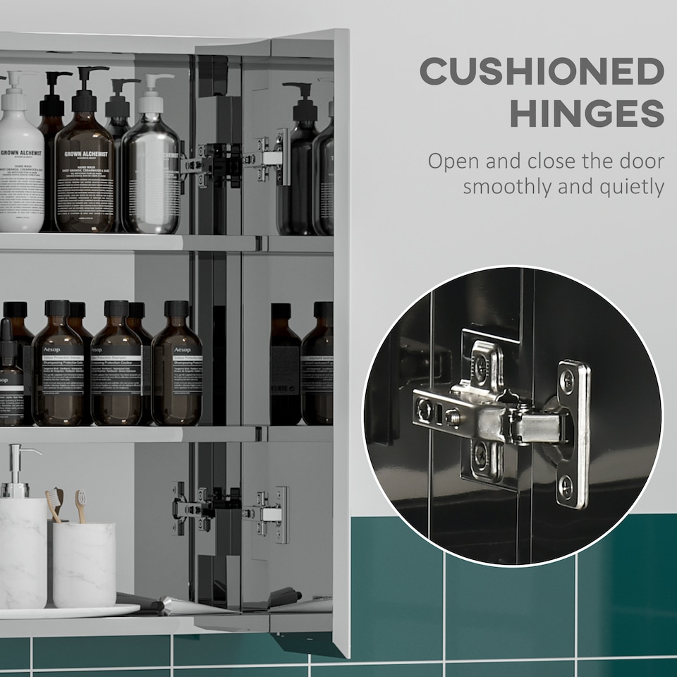 image 1 of kleankin Bathroom Mirror Cabinet, Stainless Steel Wall-Mounted Bathroom Storage Cabinet with 2 Hinged Doors and Shelves for Laundry Room, 54W x 60Hcm, Silver