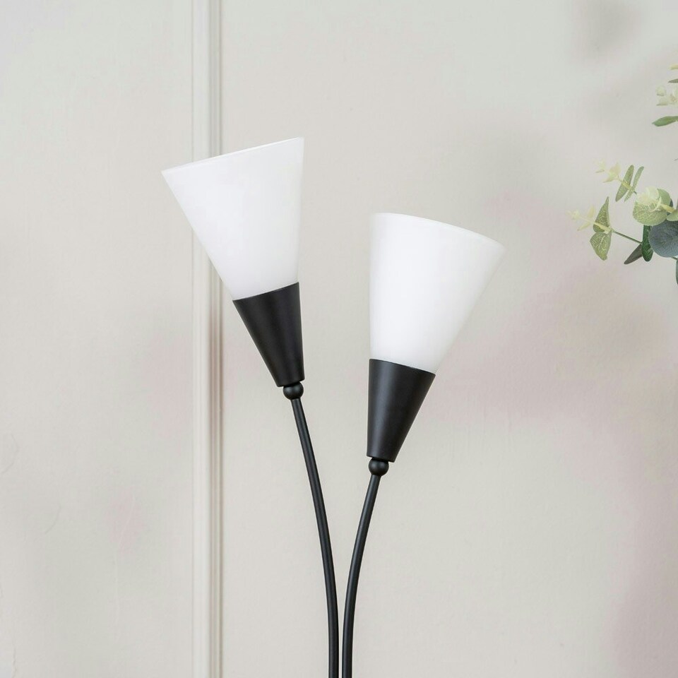 image 1 of ValueLights Kristina Frosted White Shade 2 Way Black Metal Uplighter Table Lamp