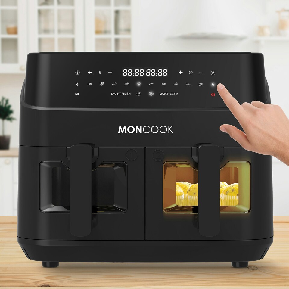 image 1 of MONCOOK Dual Air Fryer - 12 In 1 Dual Airfryer 9L With 2 x 4.5L Baskets - 50 Recipe Cookbook - Digital LED Display - Viewing Glass