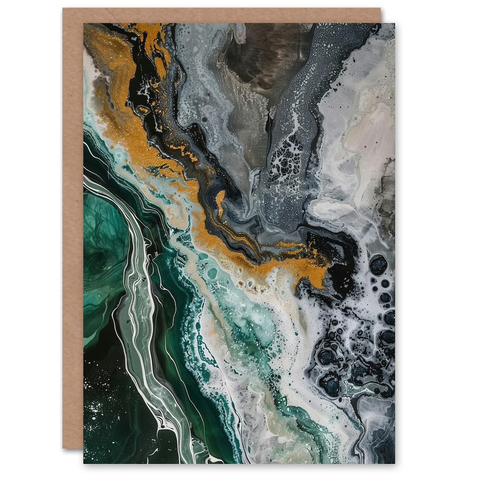 image 1 of Liquid Paint Emerald Gold Grey Abstract Him Her Birthday Card