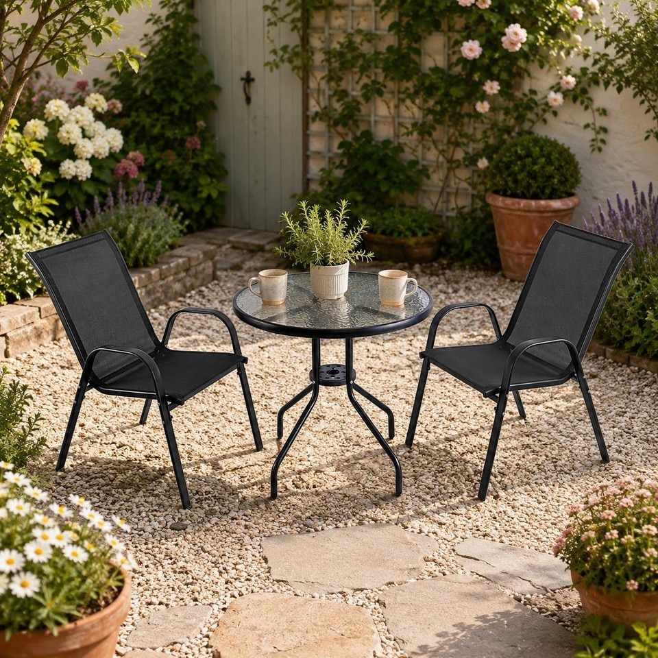 image 1 of 3 Pcs Garden Round Glass Top Table & 2 Chairs Bistro Set