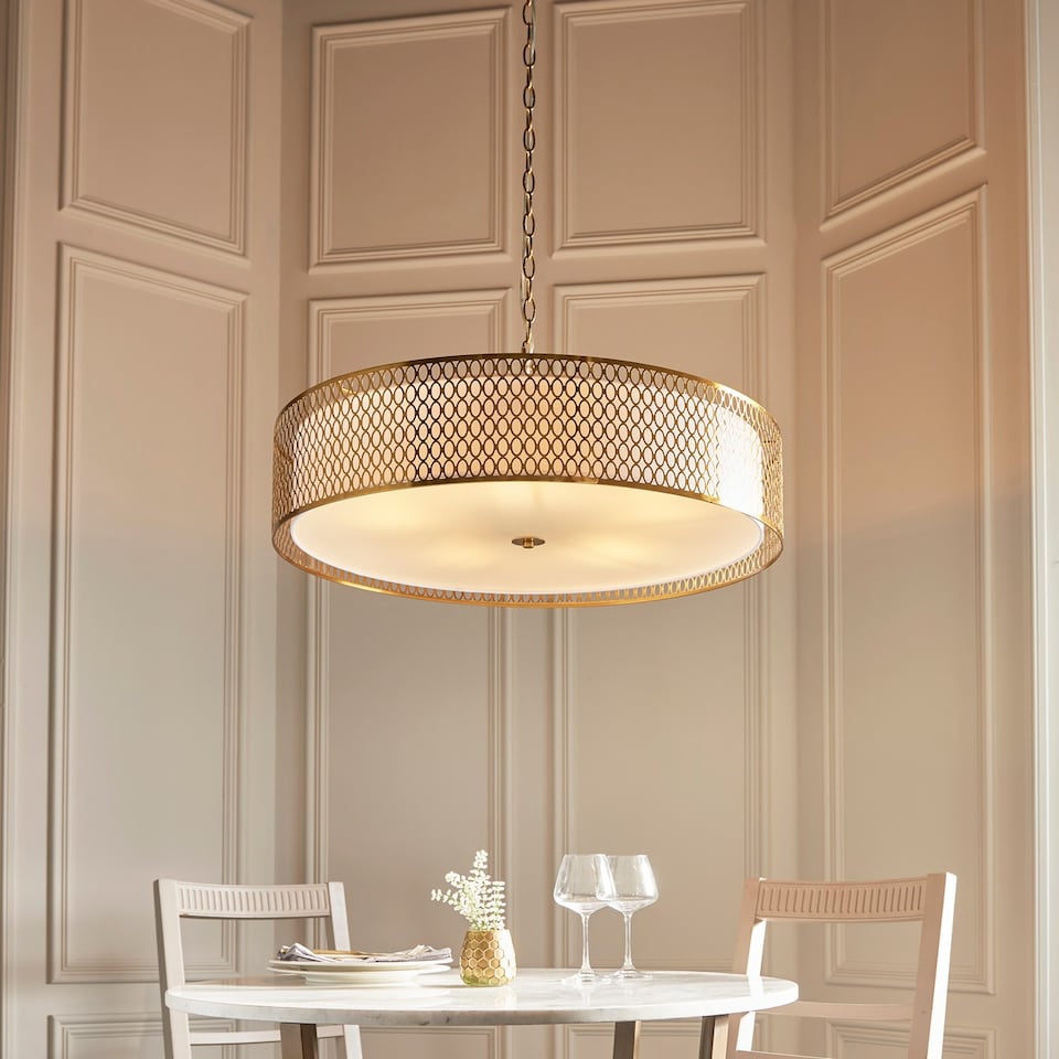 image 1 of Cordero Cylindrical Pendant Ceiling Light Gold Effect Plate, White Fabric & Frosted Glass 5x E27