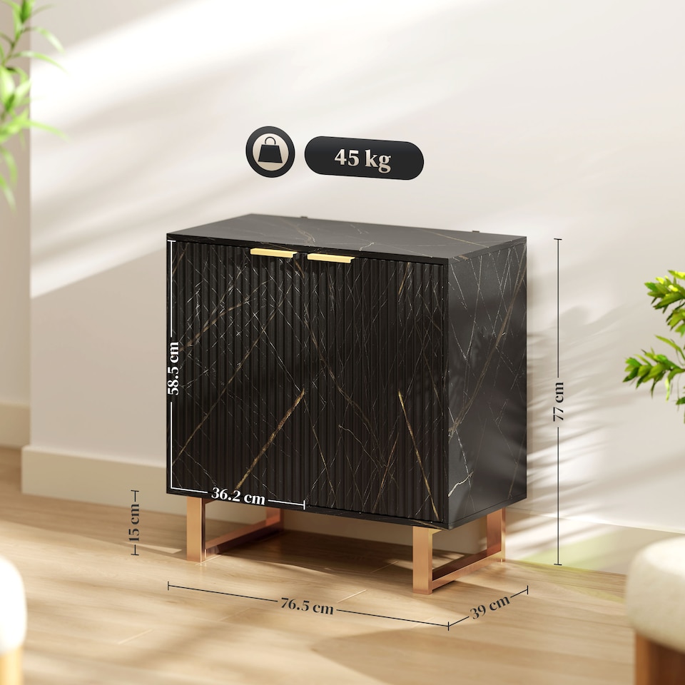 image 1 of HOMCOM Sideboard Storage Cabinet, Marble Effect Buffet Cabinet with 2 Fluted Doors and Adjustable Shelves, Coffee Bar Cabinet with Metal Legs for Living Room, Black | Black | Black