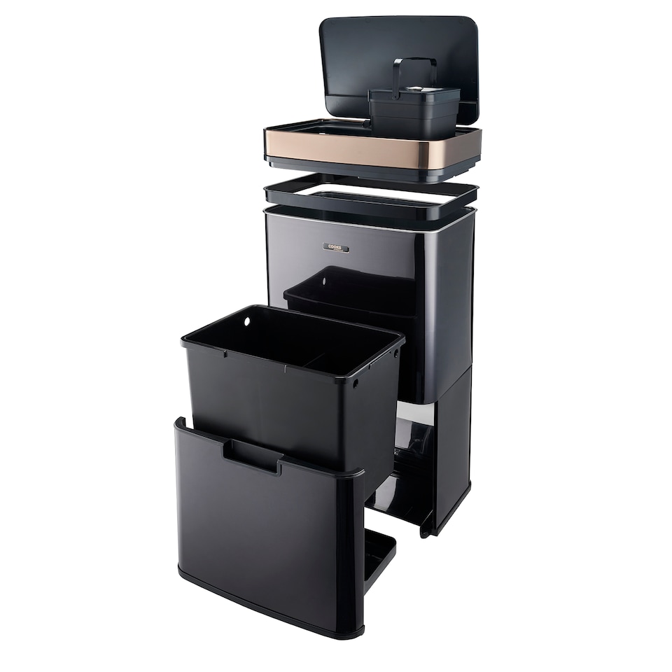 image 1 of Cooks Professional Recycling Sensor Bin 75L with Dual Compartments & Food Caddy | Black | Black & Copper
