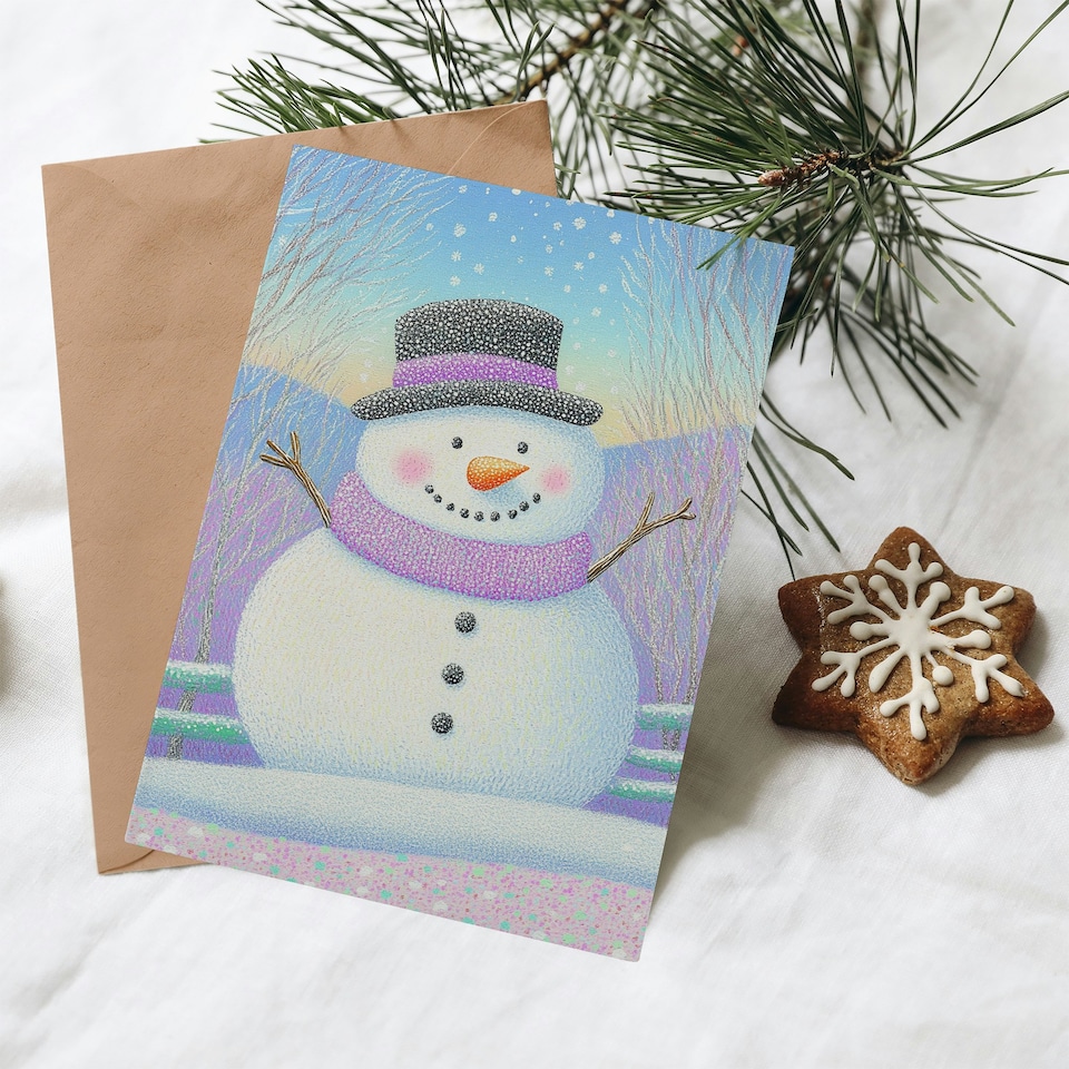 image 1 of Greeting Card Cute Snowman Pastel Purple Winter Countryside Blank For Him Or Her Art Xmas Christmas Card