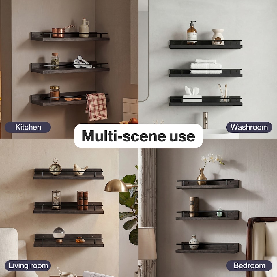 image 1 of Levede Floating Shelves Set of 3 Wooden Wall Mounted Shelves Storage Black