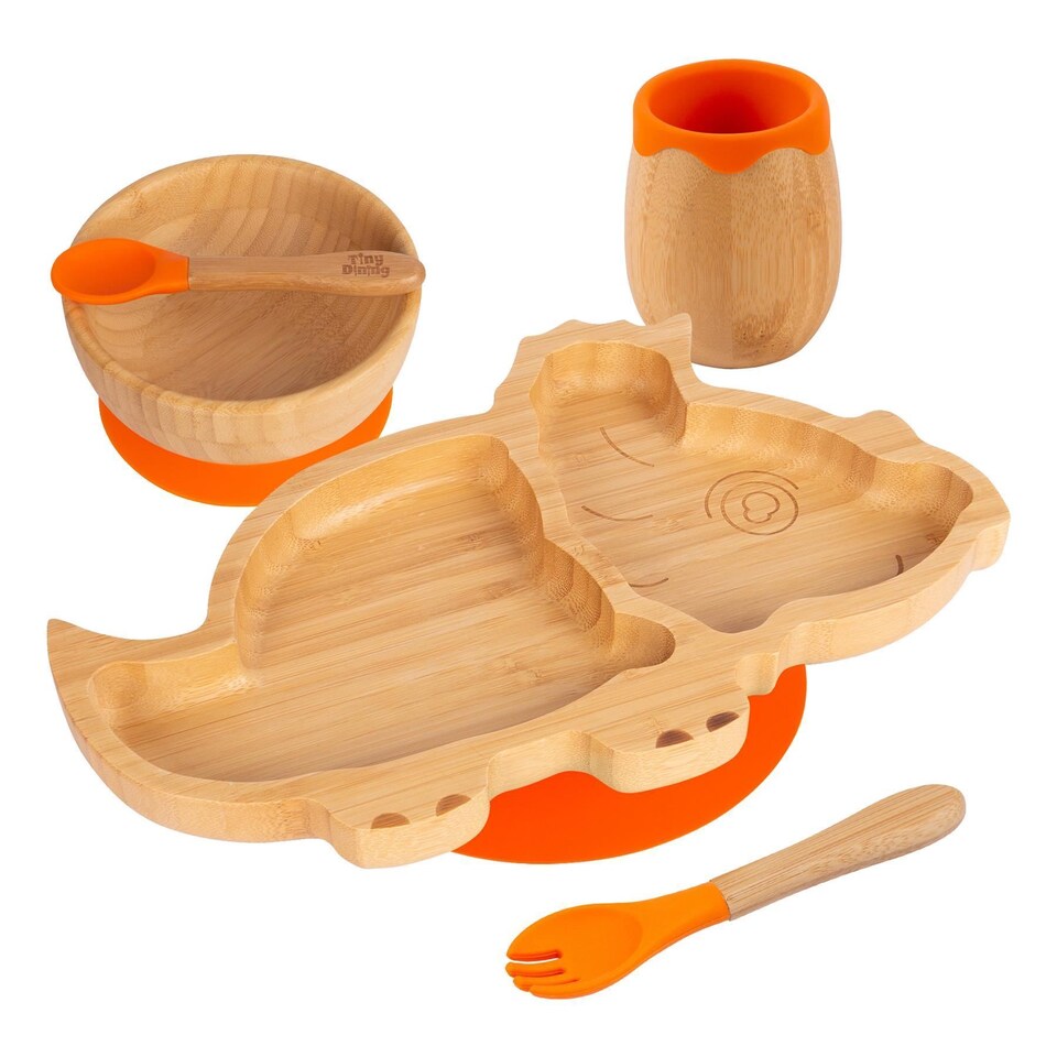 image 1 of Tiny Dining 5pc Bamboo Dinosaur Baby Weaning Set - Orange