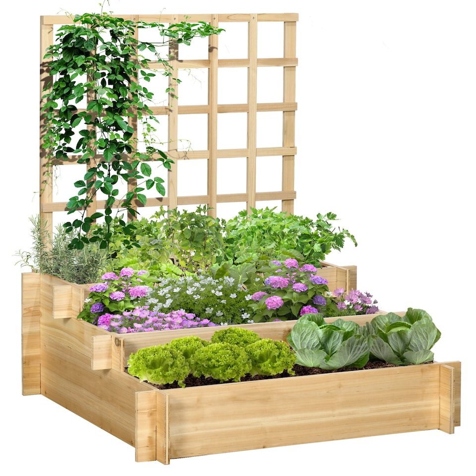 image 1 of Outsunny 3 Tier Wooden Garden Planters with Trellis for Vine Climbing Plants