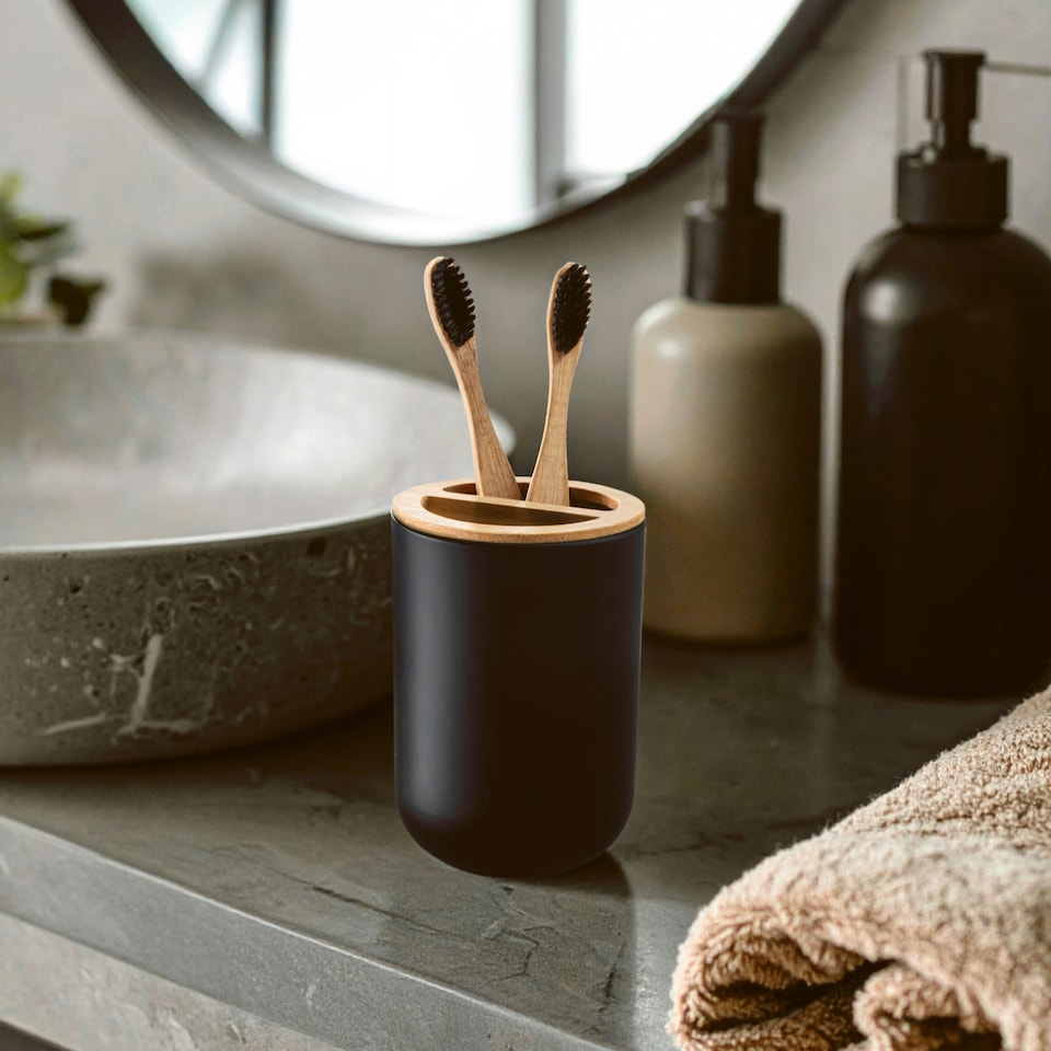 image 1 of Interiors by Premier Modern Black Toothbrush Holder, Sustainable Toothbrush Cup With Divider, Holder For Bathroom Accessories