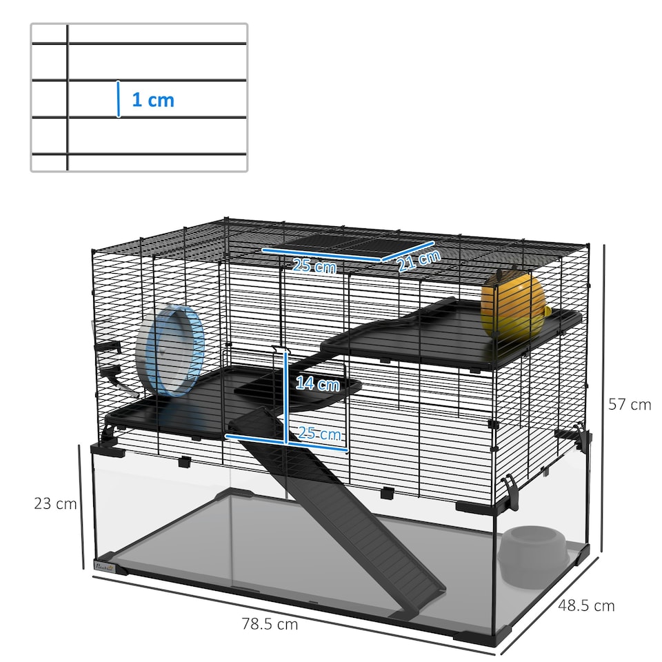 image 1 of PawHut 3 Tiers Hamster Cage w/ Deep Glass Bottom, Dish, Hut 78.5x48.5x54.5cm