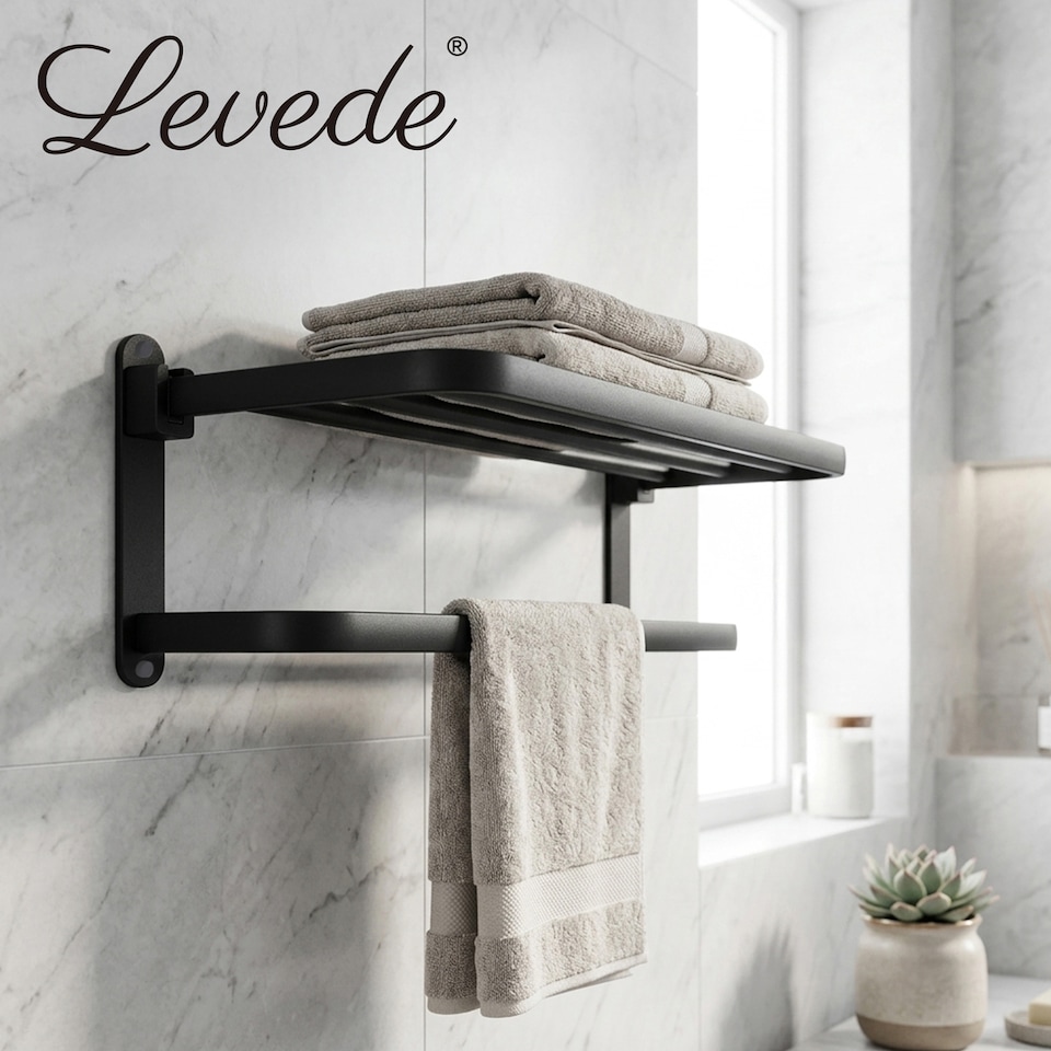 image 1 of Levede Towel Holder with 2 Bars Wall Mounted No Drill Bathroom Shelf Black