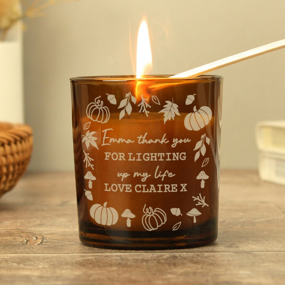 image 1 of Personalised Pumpkins Amber Glass Candle Brown