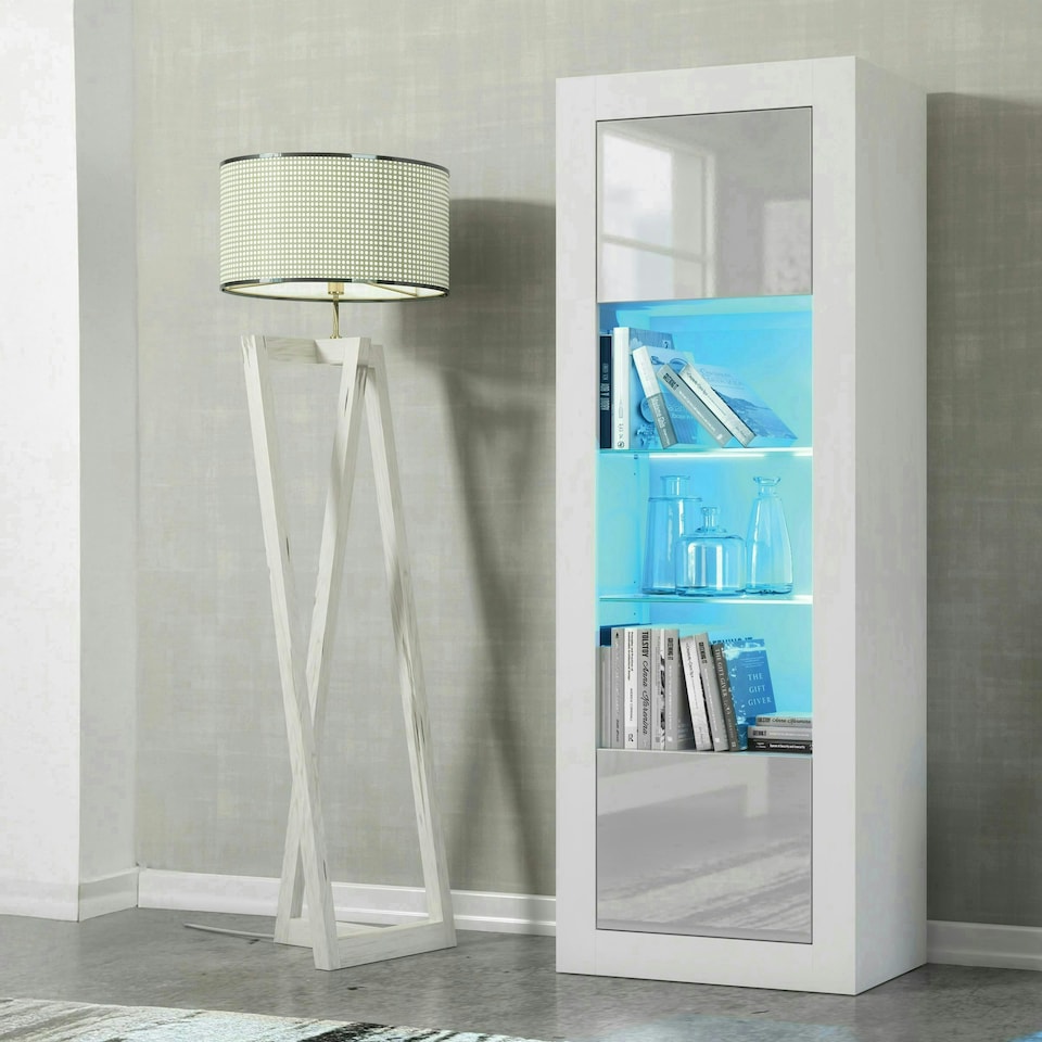 image 1 of Tall Cabinet 170cm Grey Gloss Doors White Matt Body Free LED Light | White | Grey