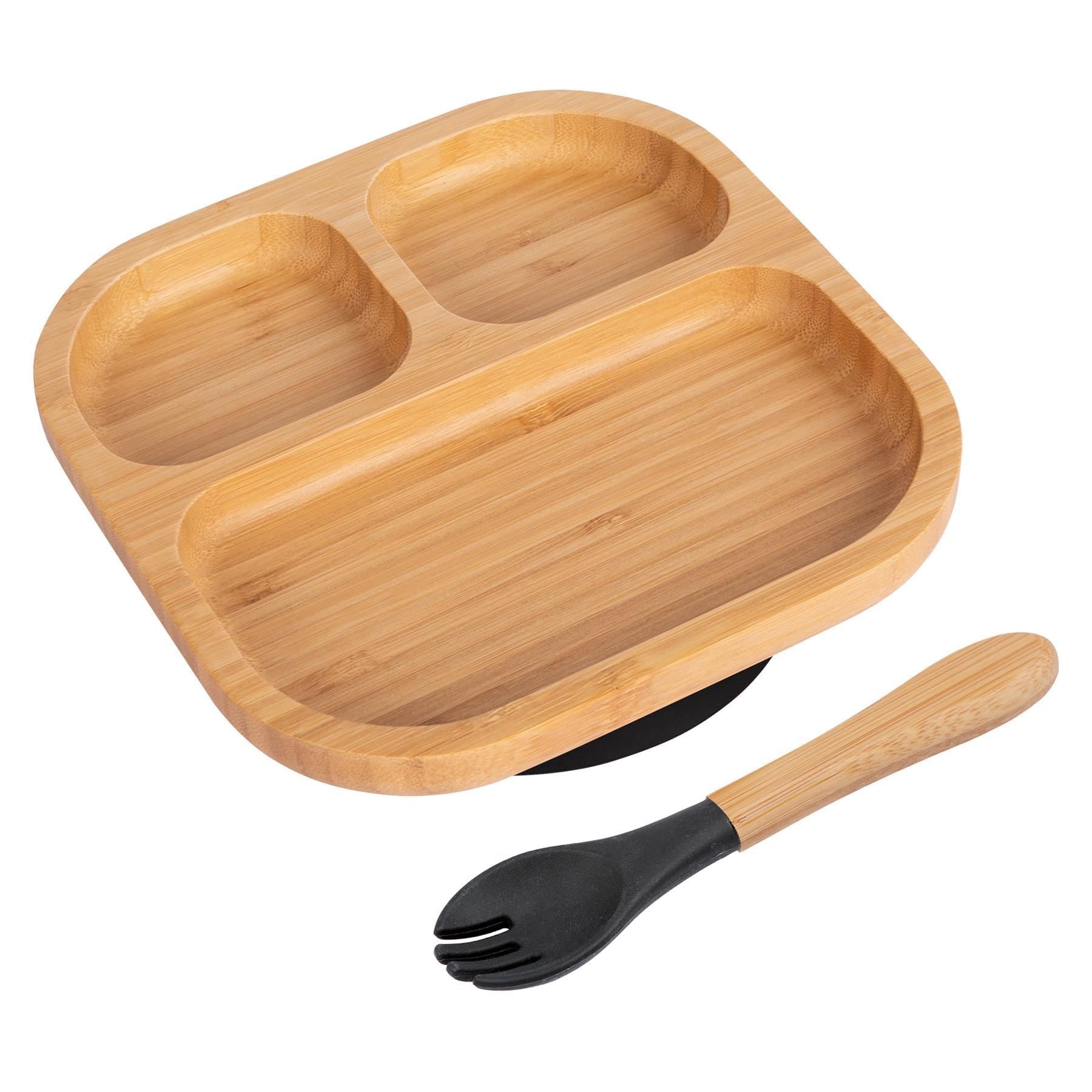 Tiny Dining Bamboo Weaning Plate & Fork Set - Segmented/Black - Divided Non-Slip Bamboo Baby Self-Feeding Weaning Plate & Cutlery