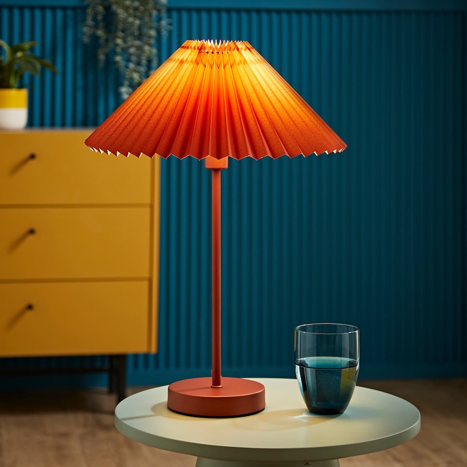 image 1 of ValueLights Akira Burnt Orange Pleat Shade Side Table Lamp & Bulb | Orange