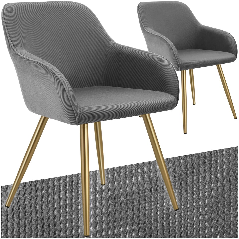 image 1 of Dining Chair Marilyn - corduroy look, upholstered, armchair, continuous backrest - Set of 2 Grey | Grey/Gold