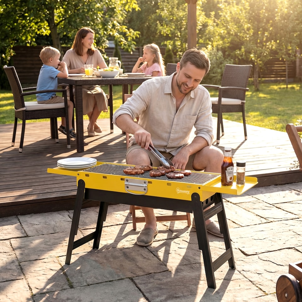 image 1 of Outsunny BBQ Grill, Charcoal Barbecue with 2 Side Shelves and Handle