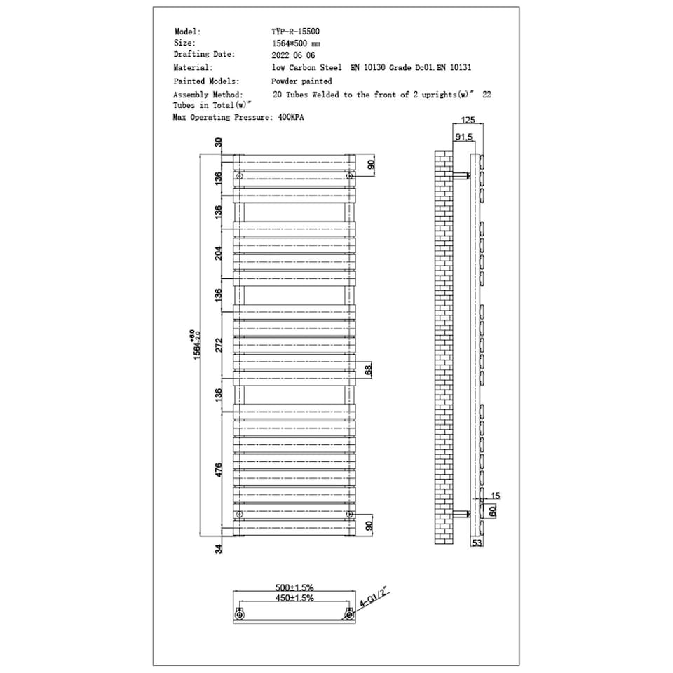 image 1 of Typhoon Electric Towel Rail Standard Heated Bathroom Radiator - Black (H) 1564mm x (W) 500mm - 600W