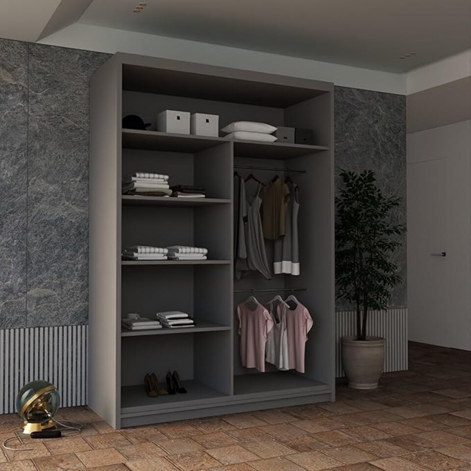 image 1 of Modern Sliding Wardrobe 120cm with Wavy Mirror Design | White, Black, Grey, Oak Finish Grey | Grey120cm
