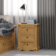 Corona 3 Drawer Premium Bedside Table - Solid Pine Nightstand with Metal Hardware | Brown | Antique Waxed Pine | One Size | 1