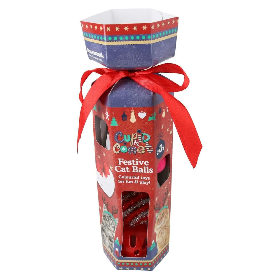 image 1 of 2pk Cat Kitten Festive Christmas Cracker Gift Contains 4 Different Textured Balls