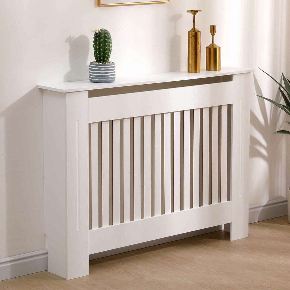 image 1 of Oypla Medium White Wooden Slatted Grill Radiator Cover MDF Cabinet