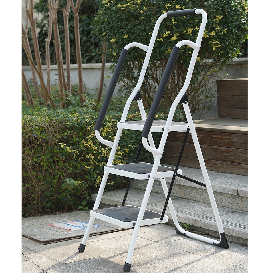 image 1 of Gr8 Home 3 Step Ladder Folding Stool Non Slip Tread Steel Foldable Home DIY With Handrail