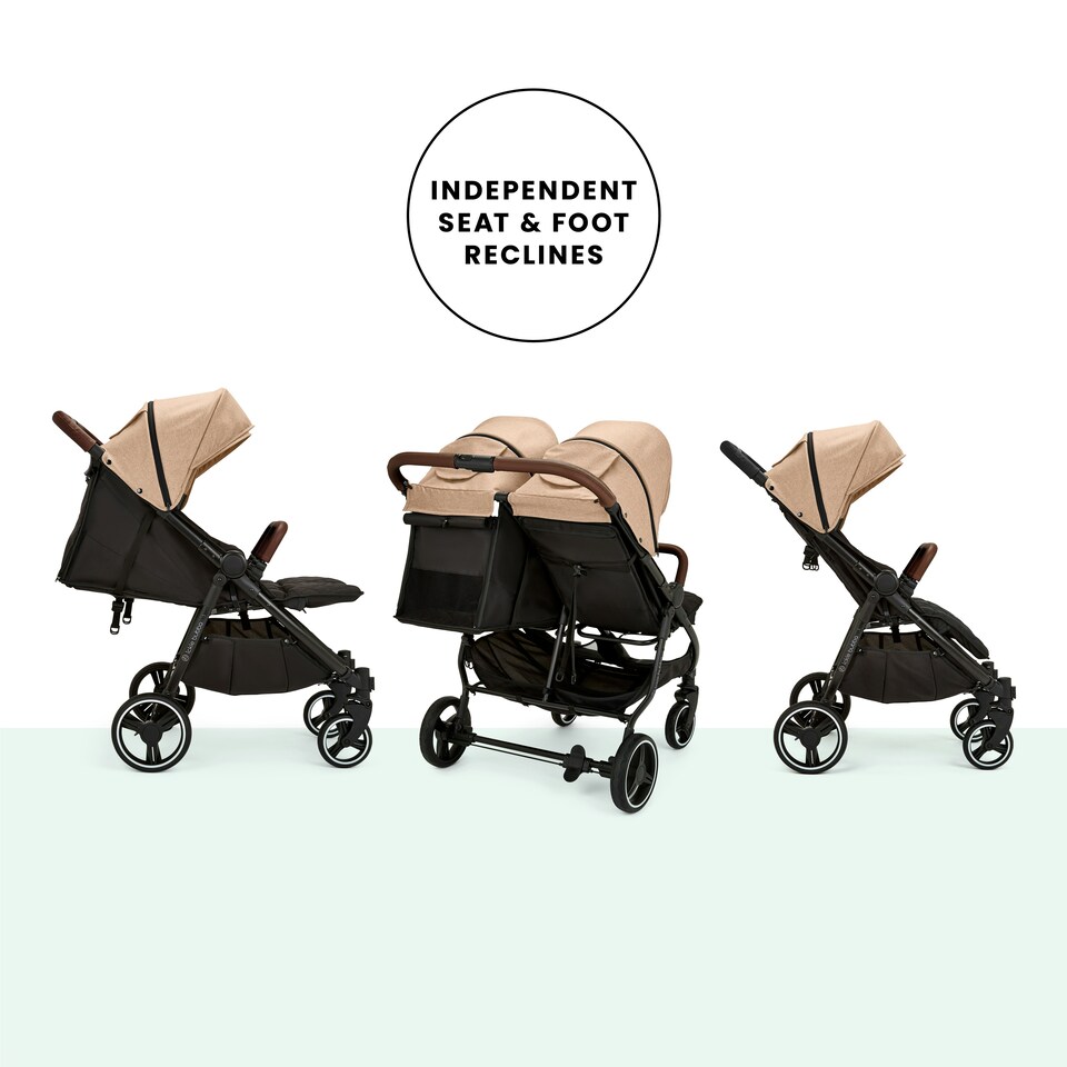 image 1 of Venus Prime Double Stroller - Birth to 15kgs (Approx. 3 Years), Lightweight, One Hand Fold, Newborn Cocoon, 2 Quilted Footwarmers & Rain Cover (Biscuit)