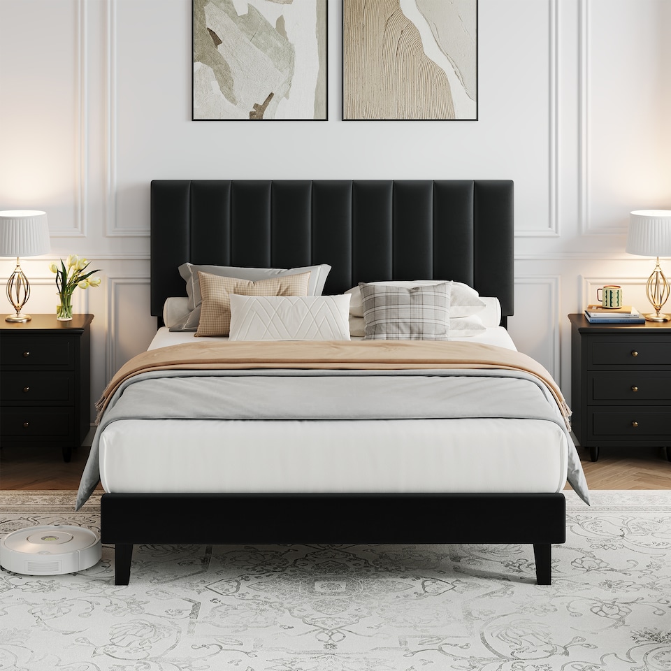 image 1 of London Boutique Double Velvet Upholstered Bed Frame with Adjustable Tufted Headboard - Black