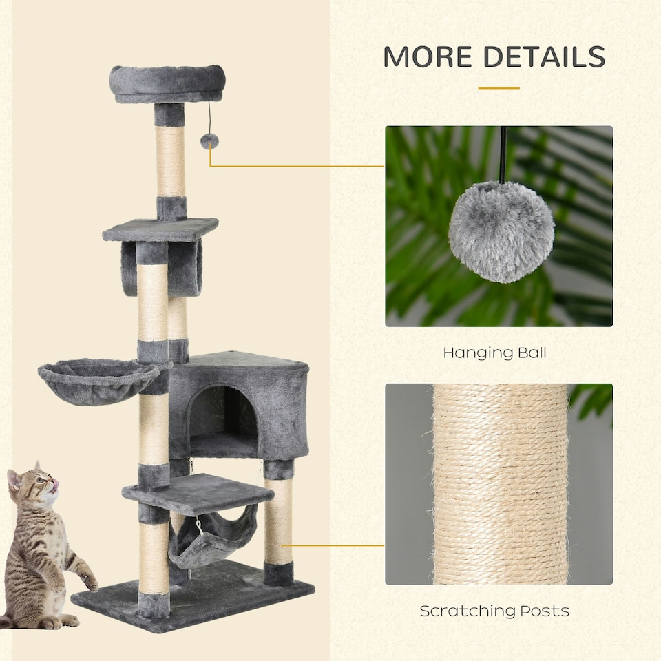 image 1 of PawHut 154cm Cat Tree Tower Multi-level Indoor Scratching Post Light Grey