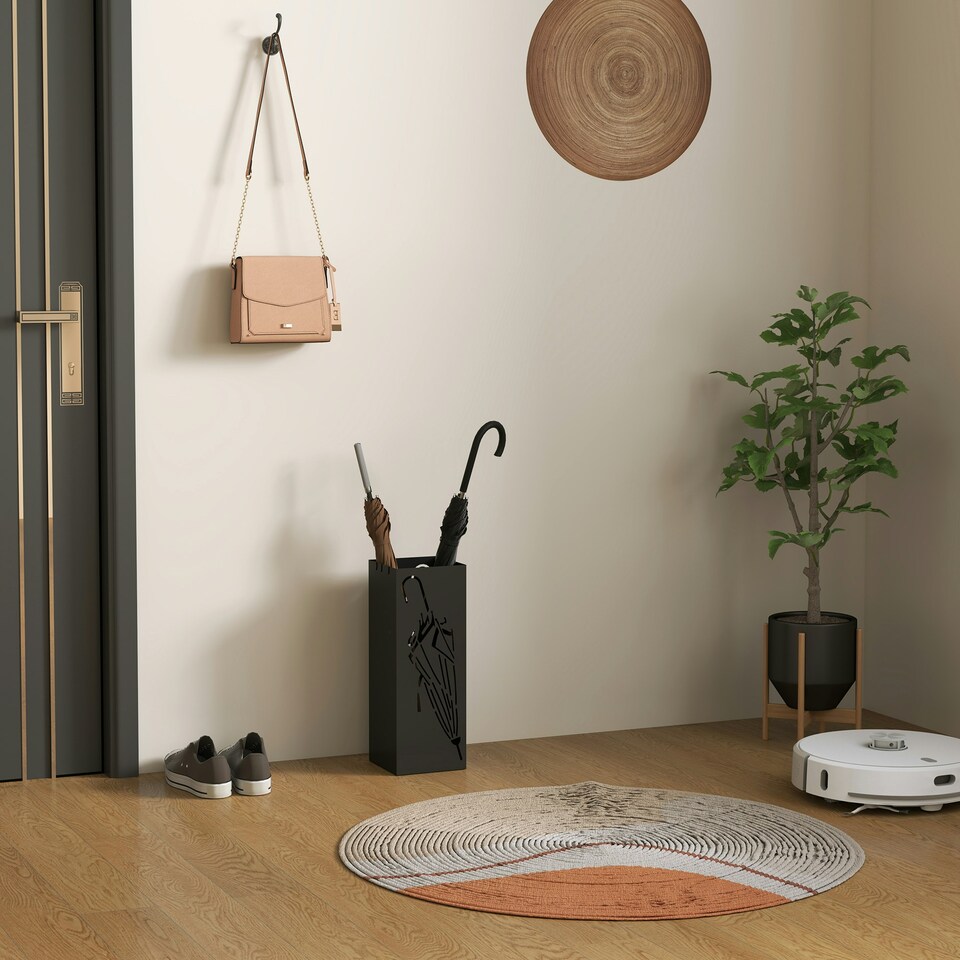 image 1 of HOMCOM Square Umbrella Holder with Hooks and Water Tray for Entryway Black Black