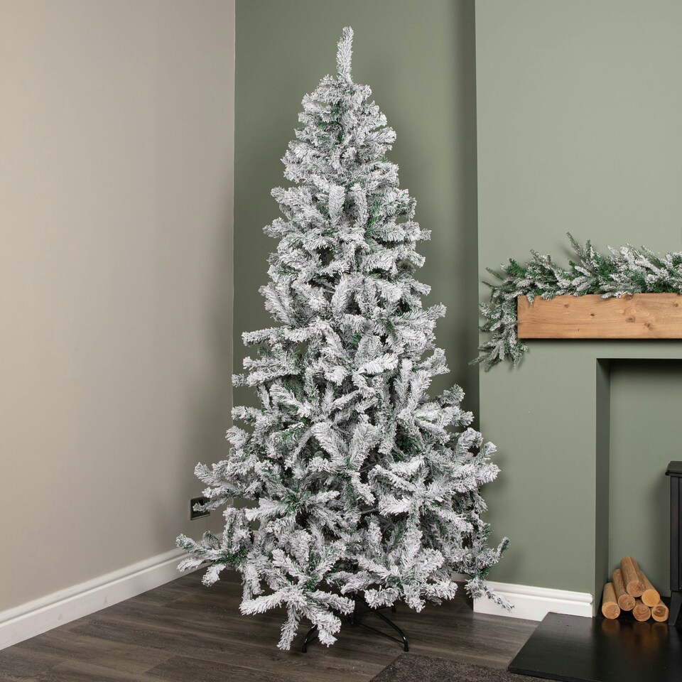 image 1 of 7ft (2.1m) Snow Flocked Artificial Christmas Tree with Green Metal Stand and 655 Tips