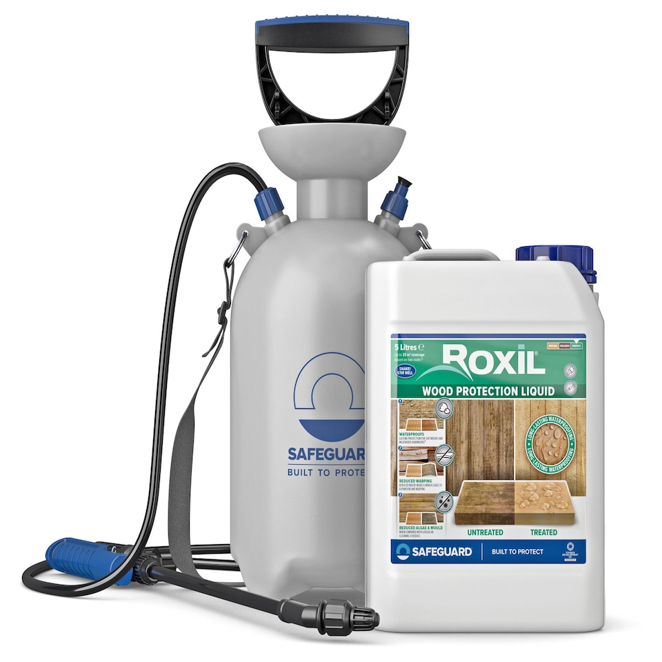 image 1 of Roxil Wood Waterproofing Liquid - 5L & Sprayer - 10-Year Clear Wood Preserver & Sealer for Decking, Fence, Sheds and Furniture