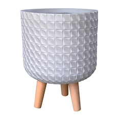 Geometric Patterned White Cylinder Planter on Legs, Round Pot Plant Indoor D21 H34 cm, 9.1 ltrs Cap.