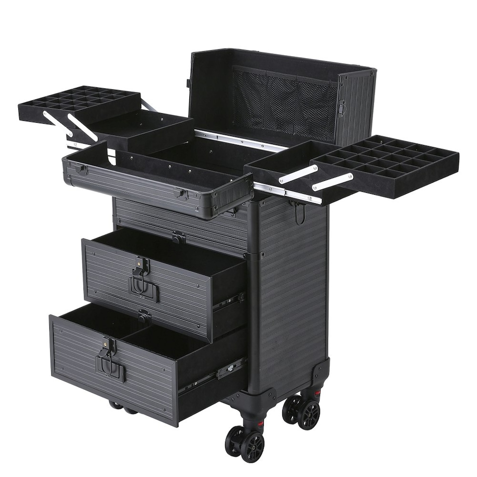 image 1 of Living and Home 3-in-1 Cosmetic Trolley Case with Drawers & Wheels - Black | Black