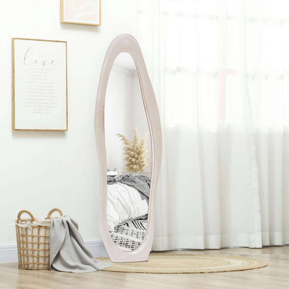 image 1 of HOMCOM Irregular Full Length Mirror with Velvet Frame 160 x 50cm Light Pink