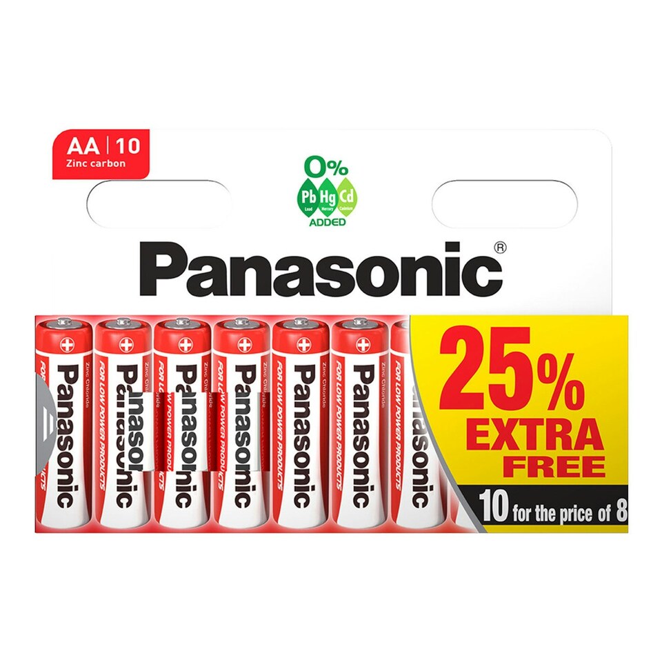 image 1 of Panasonic Zinc Carbon AA Batteries - Pack of 10 | Red | AA | 10