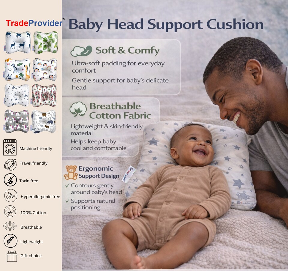 image 1 of TradeProvider® Baby Head Support Cushion for Pram, Pushchair, Stroller, Newborn Travel Headrest  (2 pack)- Starlight Grey Collection