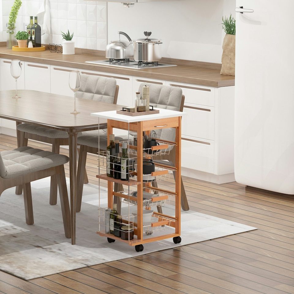 image 1 of HOMCOM Multi-Use Kitchen Trolley w/ Baskets, Drawer, Worktop, Brown