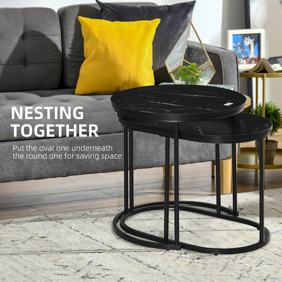 image 1 of HOMCOM Modern Coffee Table Set of 2, Nest of Tables with Steel Frame and Faux Marble Tabletop, Side Tables for Living Room Bedroom, Black