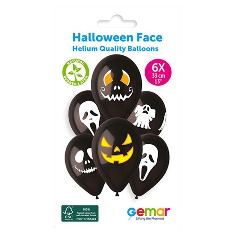 image 1 of Halloween Faces Black Latex Balloons 33cm / 13 in - Pack of 6