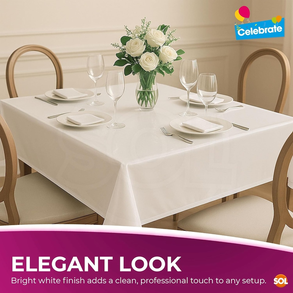 image 1 of 3pk White Tablecloths 121×121cm – Disposable Plastic Party Covers with Heavy Duty Spill Protection for Weddings, Buffets & Events