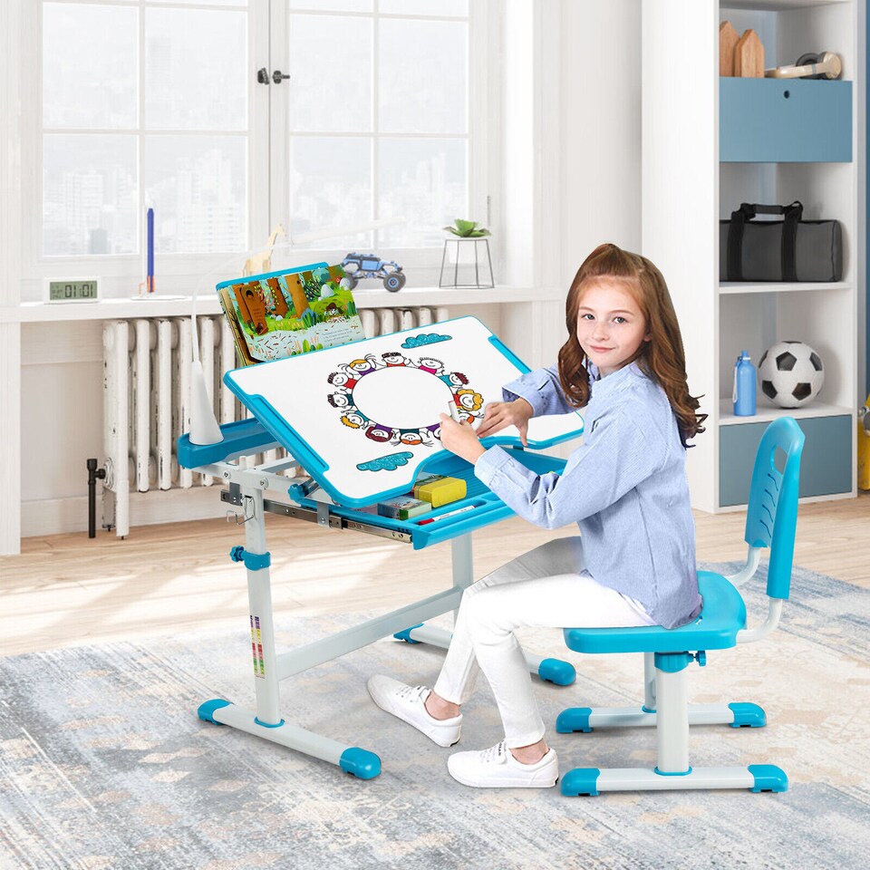 image 1 of COSTWAY Kids Desk and Chair Set Height Adjustable Kids Study Table and Chair Set-Blue