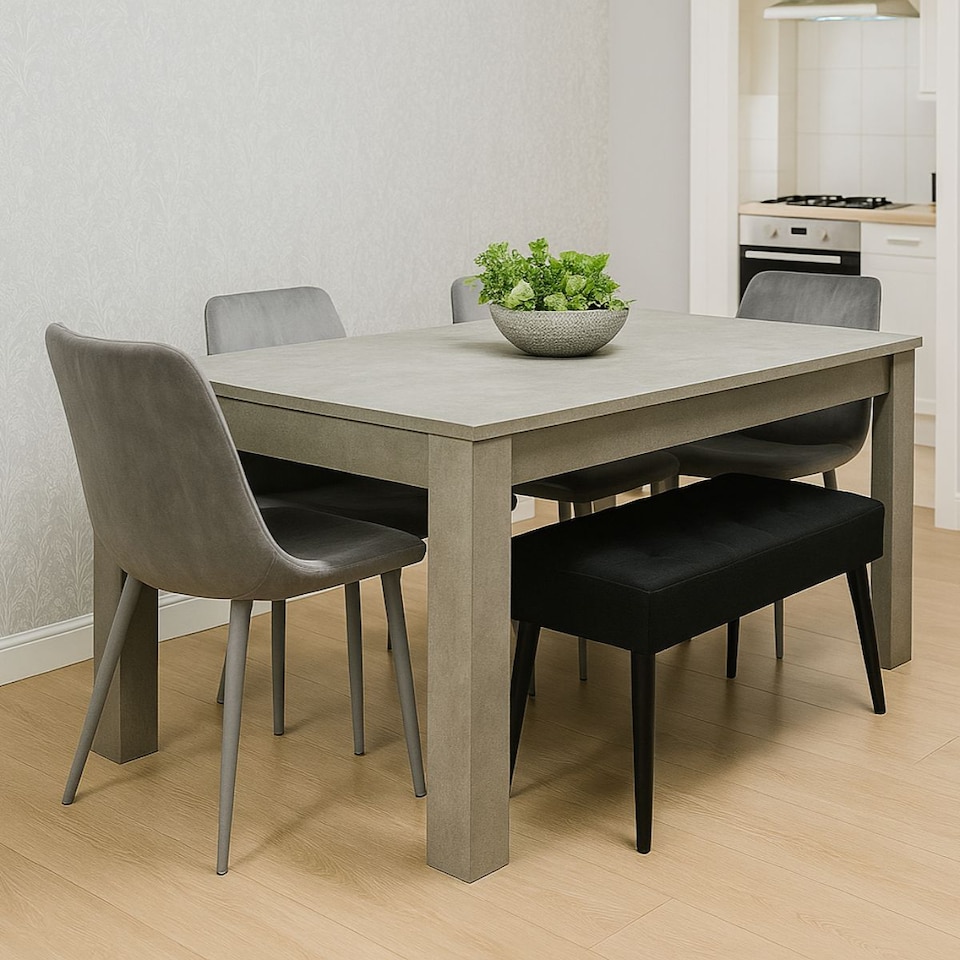 image 1 of Grey Wooden Dining Table Set with 4 Grey Chairs and 1 Bench - Dining Furniture