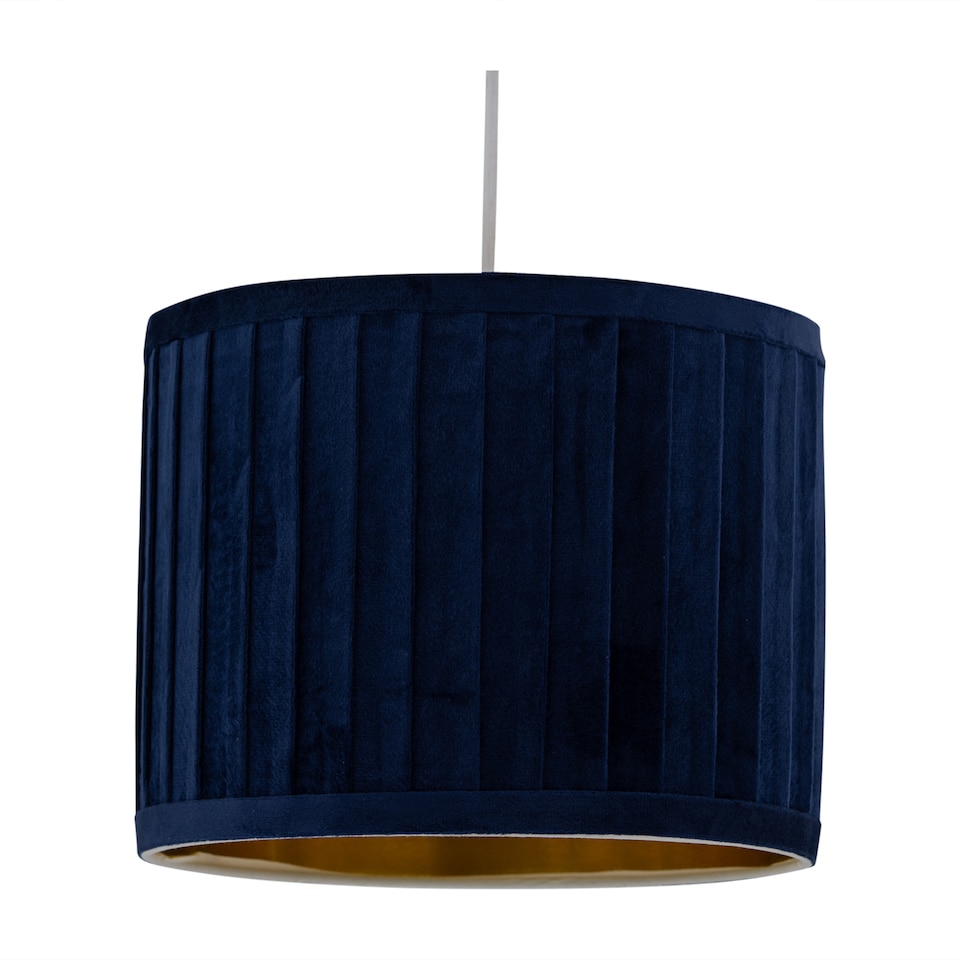 image 1 of Sundance - Navy Blue Velvet Pleated 25cm Lamp Shade with Gold Inner | Blue | Pleated navy velvet with gold cardboard inner detail | 1