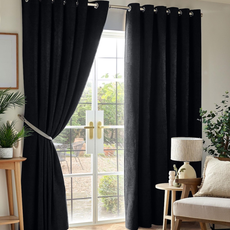 image 1 of Chenille Blackout Ring Top Eyelet Curtains 117cm x 183cm Black | Black | Black | 1