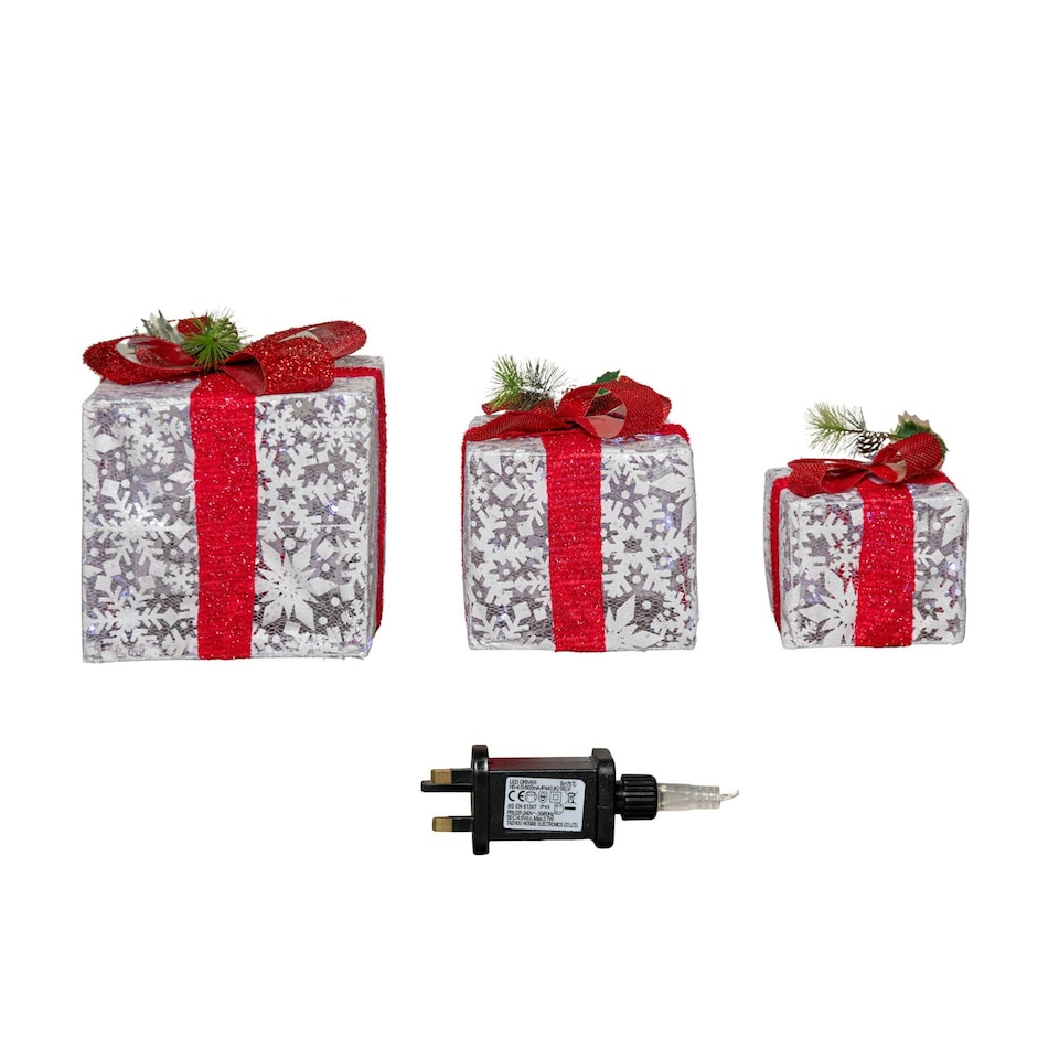 image 1 of Set of 3 Light up White Christmas Parcels with Red Bows & White LEDs