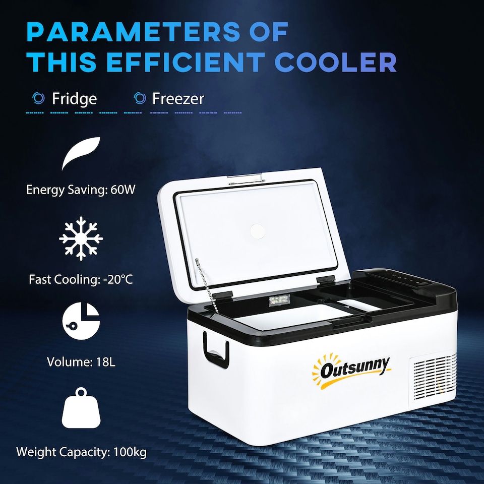 image 1 of Outsunny 12V Portable Car Refrigerator w/ Inner LED Light Indoor Outdoor, 18L